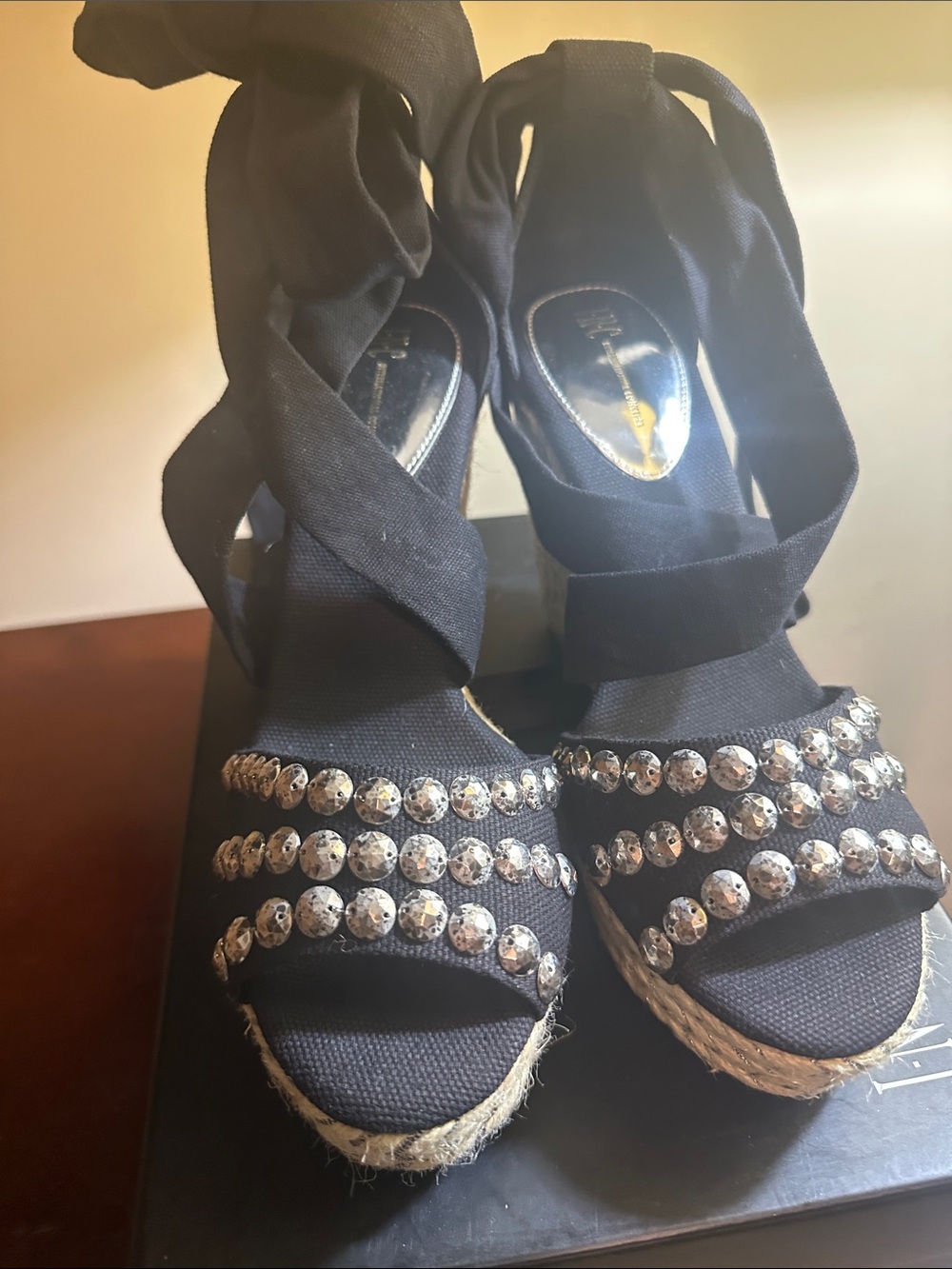 Black Embellished Espadrille Wedge Sandals with Ankle Tie